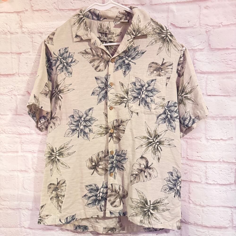 Batik Bay Sz S 100% Silk cream shirt with Leaves Hawaiian Shirt Silk Casual